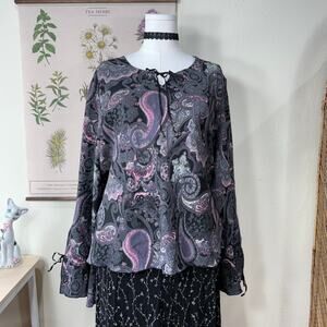 Vintage 90s Y2k Paisley Flare Sleeve Top Dark Fairy Whimsigoth Romantic Goth XL
